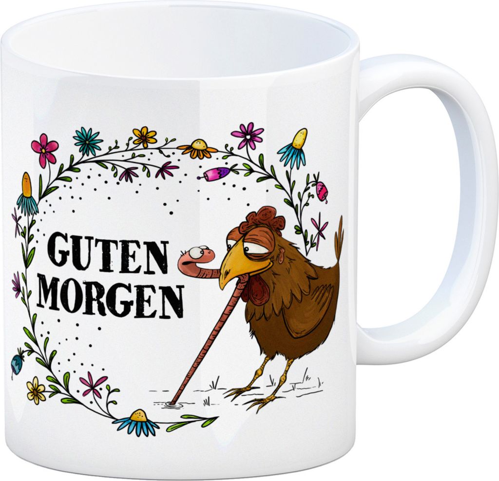 Guten Morgen Kaffeebecher mit Huhn und Wurm Motiv Regenwurm Hahn Hühner Henne