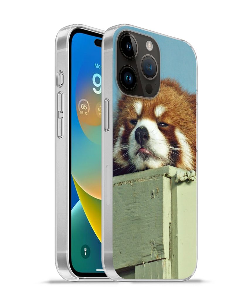 MuchoWow Handyhülle Schutzhülle Hülle für Apple iPhone 14 Pro Max Panda - Holz - Rot Silikon Softcase Handy Hülle - Hardcover