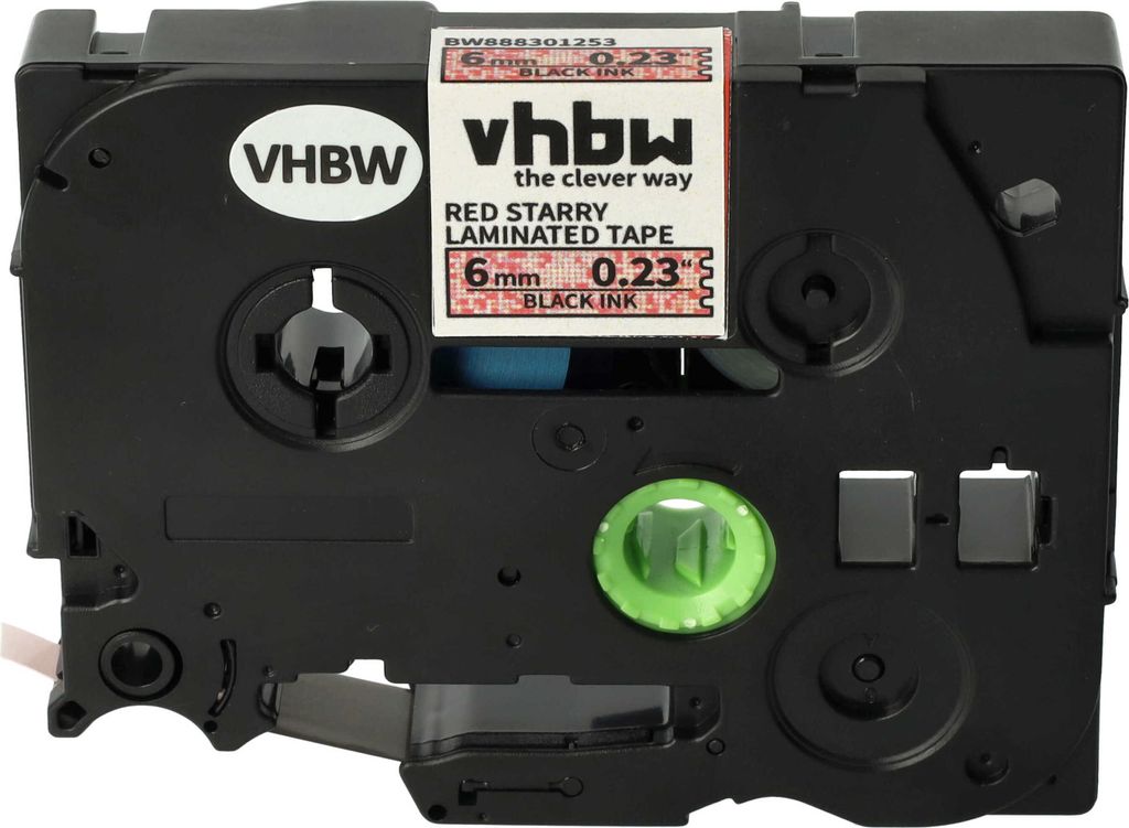 vhbw Schriftband-Kassette kompatibel mit Brother PT D600, D600VP, D450, D450VP, D400VP Etiketten-Drucker 8m x 6mm Schwarz auf Rot (Glitter), Laminiert