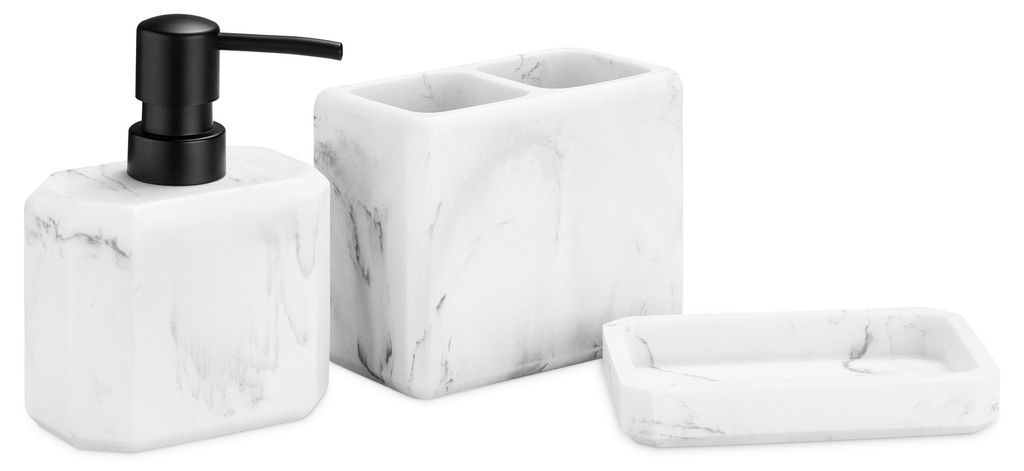 Navaris Badezimmer Set 3-teilig Marmoroptik - dekoratives Badzubehör mit Zahnputzbecher, Seifenspender & Seifenschale - Bad Accessoires Marmor Optik
