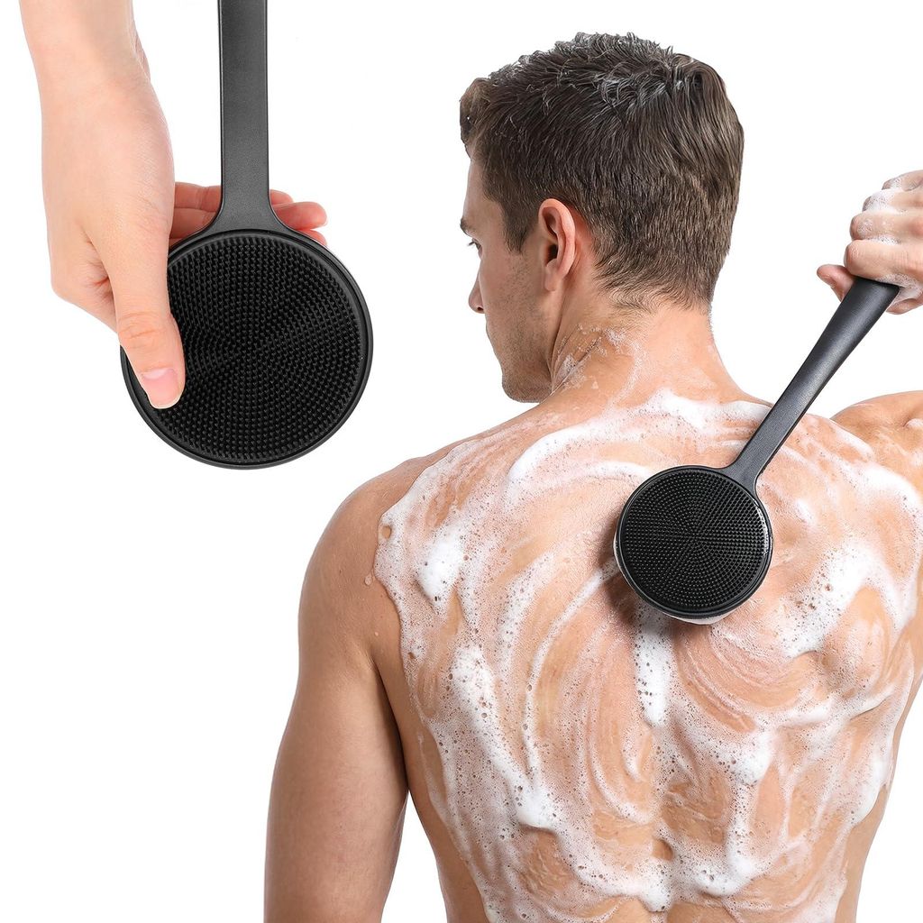 Silikon-Rückenbürste für die Dusche, doppelseitige Duschbürste, Peeling-Badeaccessoire, Rückenbürste für Damen und Herren mit Tragegurt, sch...