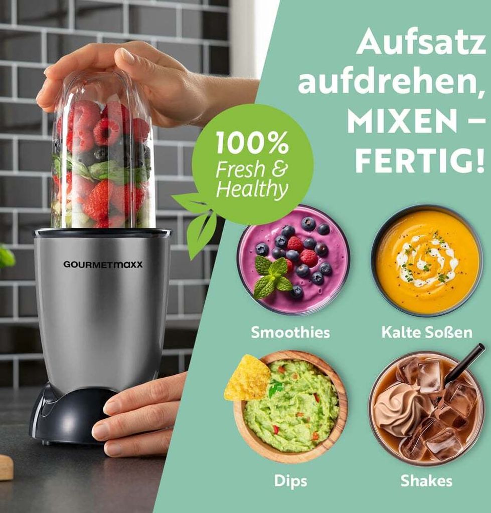 GOURMETmaxx Mr. Magic Power 400 Pro Mixer – Frullatore 400W Con 3 Bicchieri, Coperchi Da Asporto E Accessori Per Smoothie, Frullati E Salse
