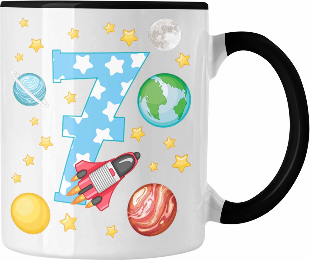 Trendation - 7. Geburtstag Tasse Geschenk Becher Siebter Bday Geschenkidee 7 Jahre Alt Junge Mädchen Kakaotasse (Schwarz)