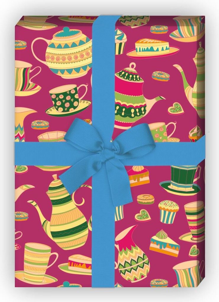 Kunterbuntes Tea time Geschenkpapier mit fröhlichem Geschirr, rosa - G10220, 32 x 48cm