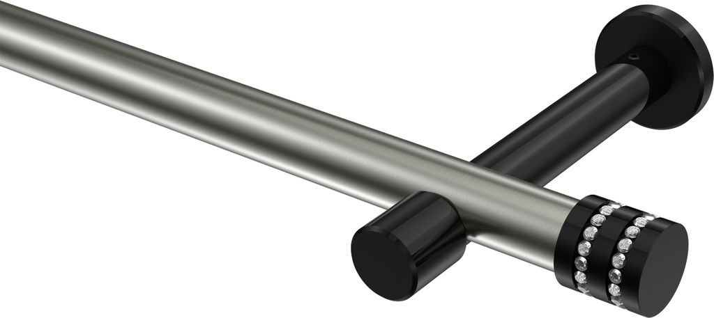Interdeco Gardinenstange / Vorhangstange Edelstahl-Optik / Schwarz, Typ Prestige Estana (Glitzerkappe) ohne Ringe, 20 mm Ø 1-läufig, 420 cm
