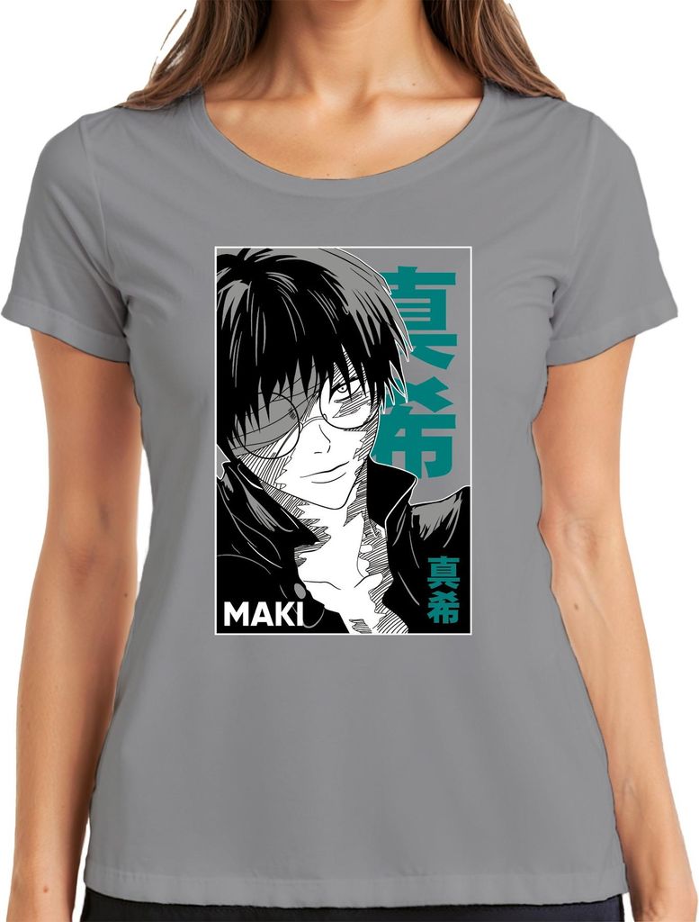 Anime Manga MAKI Brille schwarz weiß Cool Geschenk Otaku Retro Damen T-Shirt, Grau, M