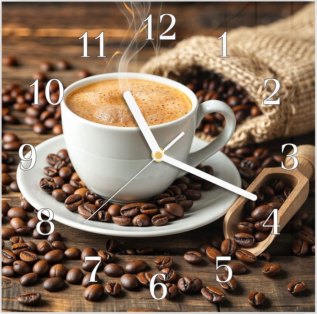 Wanduhr aus Glas mit Motiv Kaffee Geniessen- 30 x 30 cm - inkl. Aufhängesystem