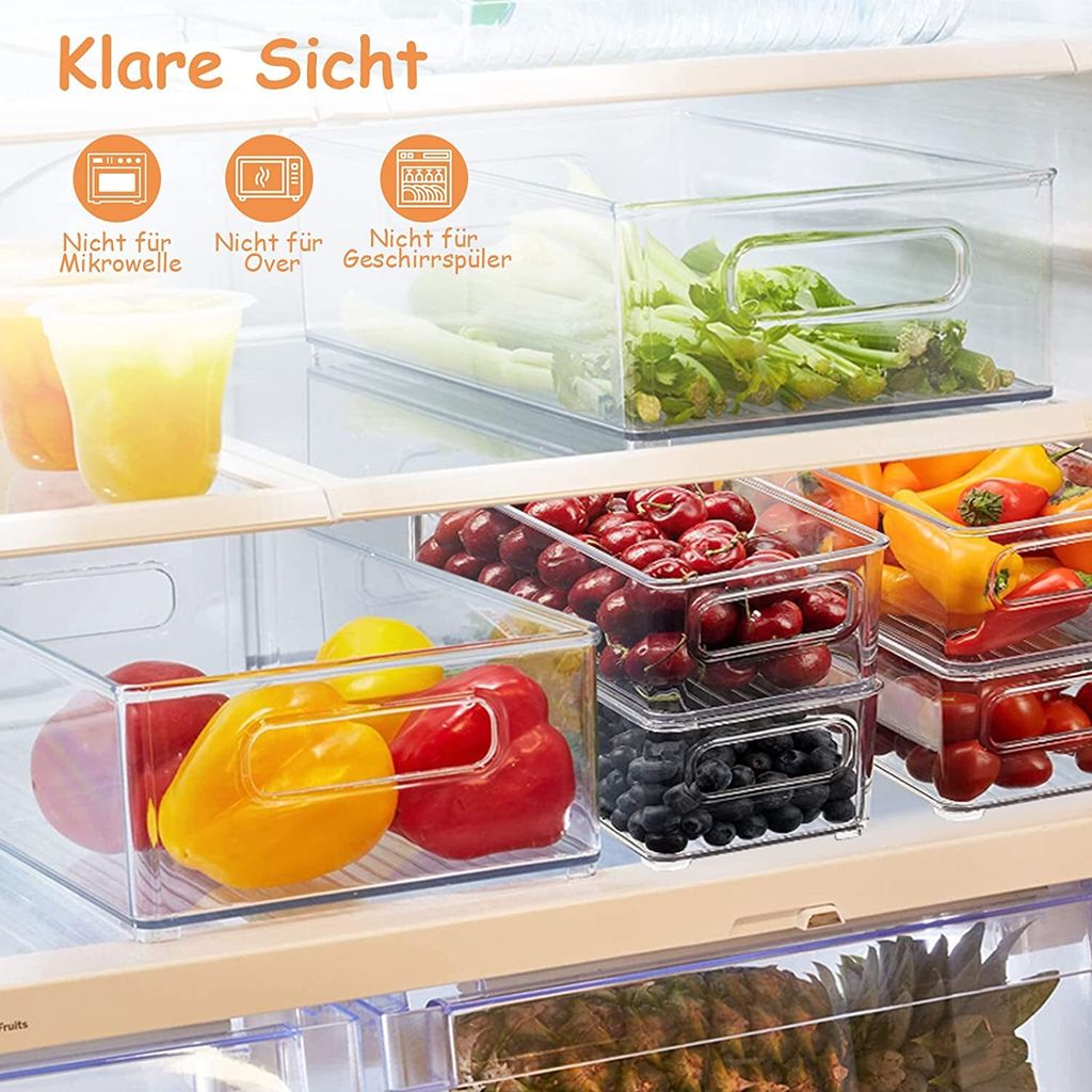 Kühlschrank Organizer Set – 6 Aufbewahrungsboxen (4 Große, 2 Mittlere) Mit Griffen | Aus Kunststoff, Für Küche & Bad