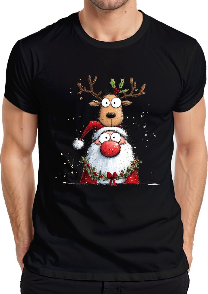 Weihnachtsmann Rentier Cartoon lustig Weihnachten Geschenk Kinder Herren T-Shirt, Schwarz, XXL