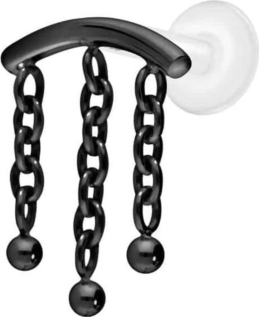 Ohrpiercing, Nasenpiercing PTFE Labret mit Innengewinde + Titan-Aufsatz BOGEN + 3 KETTEN Schwarz Stablänge: 7mm | Stabstärke: 1,2mm