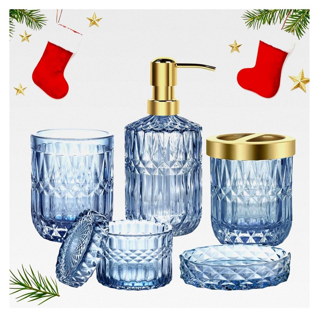 5-teiliges Badezimmer-Set aus Glas, modernes Badezimmerzubehör, Seifenspender, Seifenschale, Zahnbürstenhalter, Wattestäbchenbehälter, Becher (...