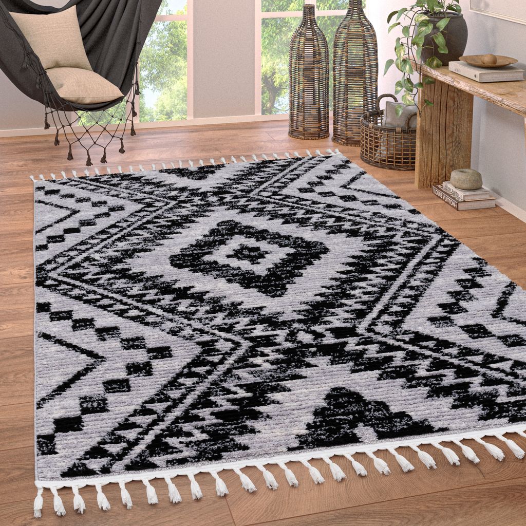 Teppich Wohnzimmer Kurzflor Modern Ethno Skandi Rautenmuster 3D Effekt Fransen Grösse 200x290 cm