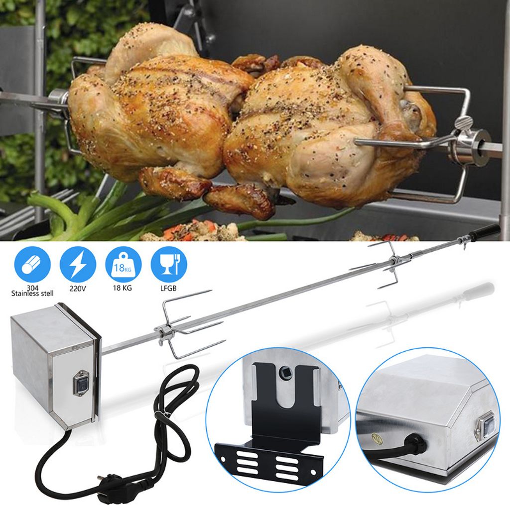 Jopassy Edelstahl Grillspieß Set inkl. 2X Fleischklammer, Motor, 220V-240V, Motorhalter, Drehspieß, Rotisserie, Drehspiess