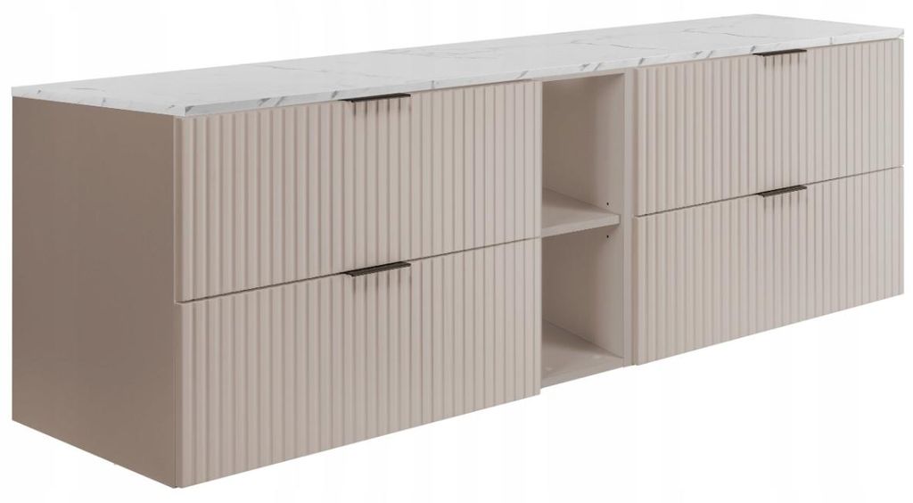 Rodan | Waschbeckenunterschrank Kaschmir 140 cm - Tischplatte in Weißmarmoroptik - 3 Grifffarben im Set - Soft-Close - Eingebautes beiges Regal
