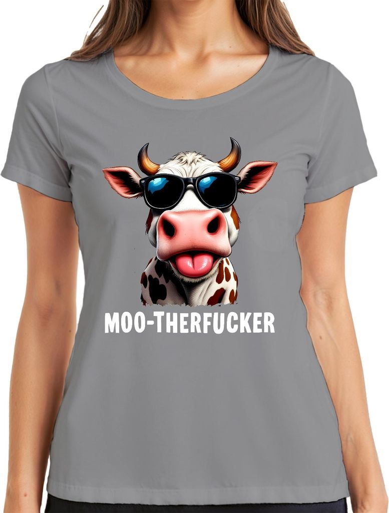 MOO-THERFUCKER Lustige Kuh Bauernhof Sonnenbrille Frech Humor Damen T-Shirt, Grau, XL