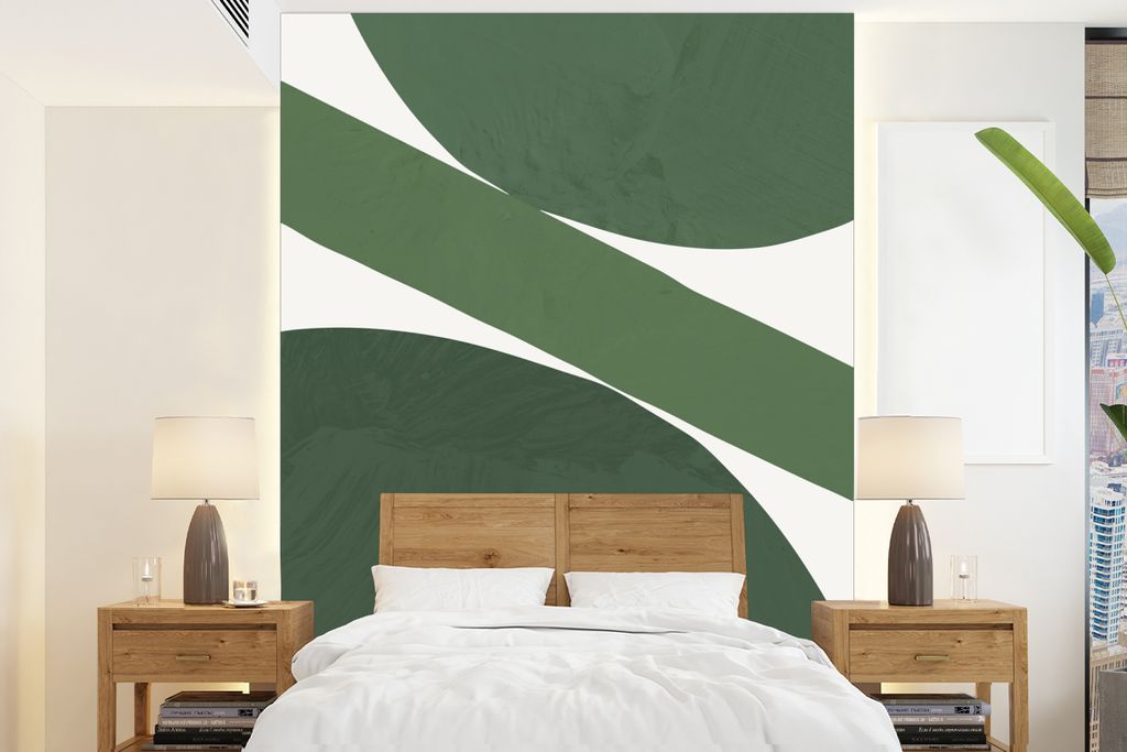 MuchoWow Fototapete für Wohnzimmer oder Schlafzimmer Wandtapete Vinyl Motivtapete Abstrakt - Grün - Formen - Weiß - 205x280 cm - Wandbild