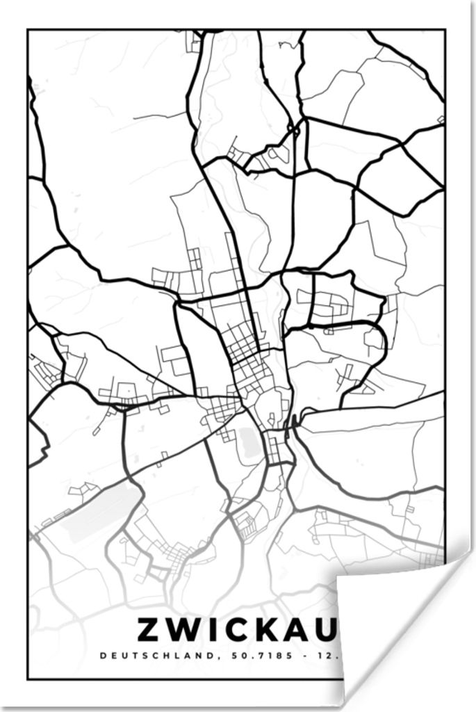MuchoWow Poster Zwickau - Karte - Stadtplan 120x180 cm - Kunstposter