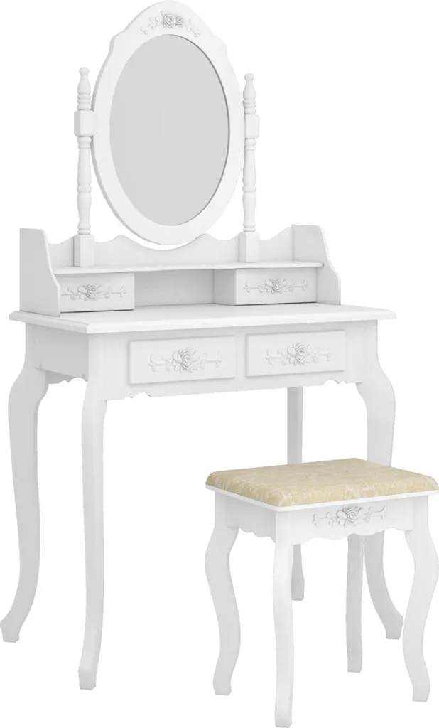 Coiffeuse 4 tiroirs avec miroir rectangulaire et tabouret chic blanc