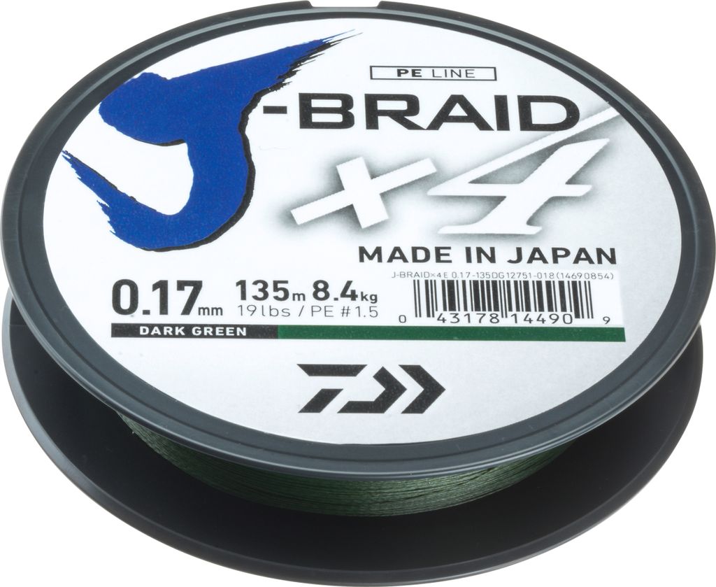 DAIWA J-BRAID X4, 135m, 0,17mm, 8.4kg / 18,52lbs, grün, Produktbild 