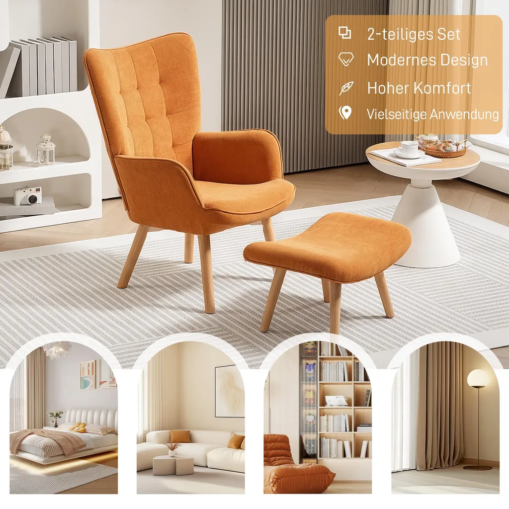 Fauteuil lounge marron avec repose-pieds et dossier haut capitonné bois