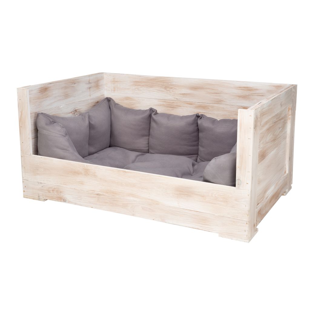 1x weiße Holzkiste Vintage mit Tafelfarbe lackiert, zum beschriften /90x57x45cm/ Hundebett mit Stoffeinsatz