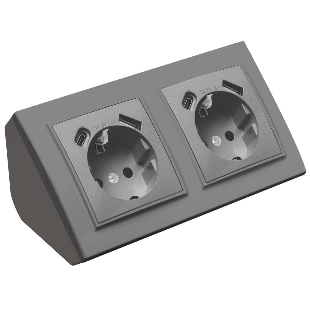 Ecksteckdose 2-fach Steckdose mit USB und USB-C Steckdosenblock 45° Verteilerdose silber.