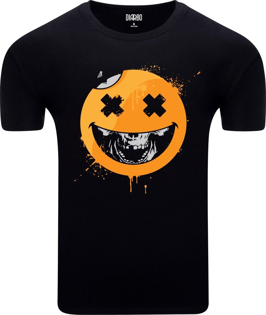Diarbo Herren T-Shirt mit Düsterem Druck Lächelnder Totenkopf-Emoji Schwarz Gr.XL