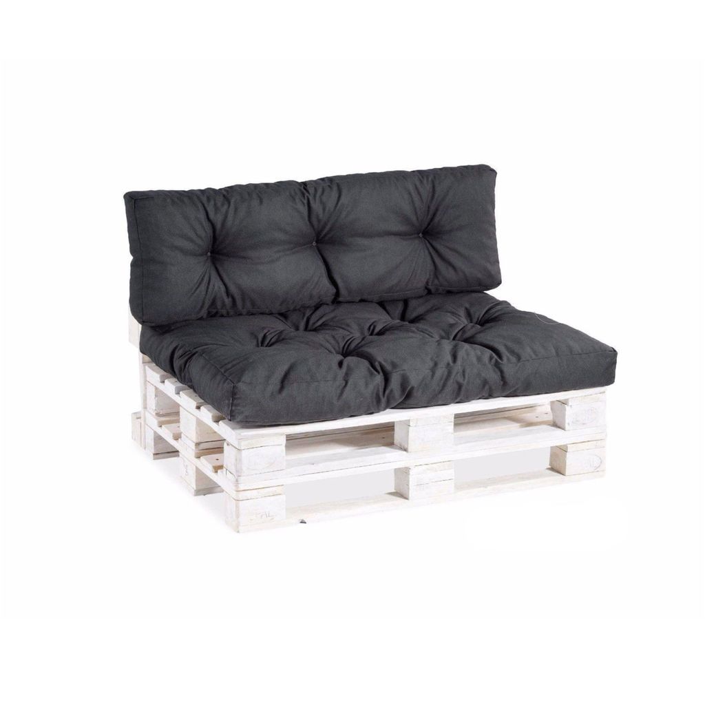 A black cushion set on a white wooden pallet base, presented against a white background.