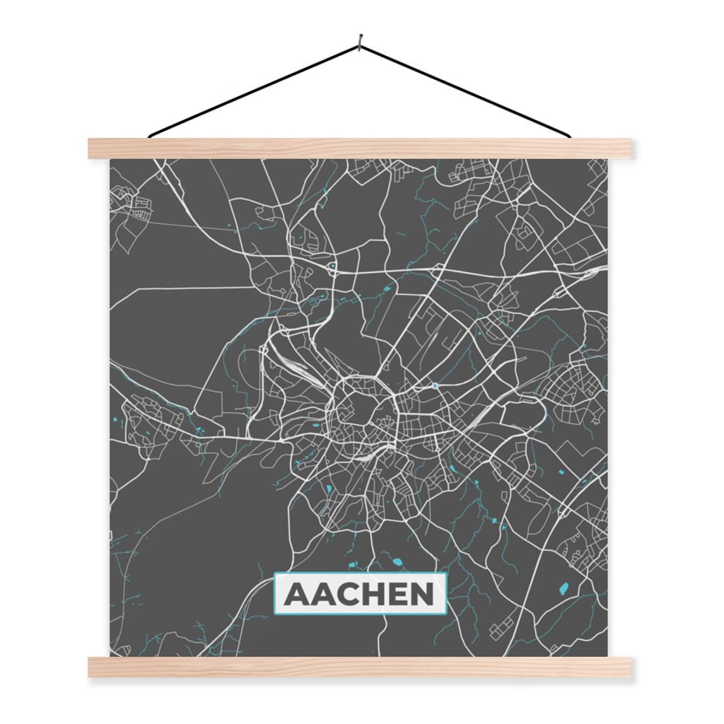MuchoWow Textilposter Blau - Deutschland - Karte - Stadtplan - Aachen 60x60 cm mit holzfarbenen Rahmen - Wanddekoration