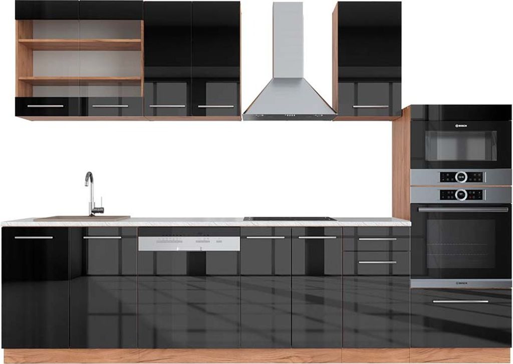 Küchenzeile Vicco Fame-Line Anthrazit Hochglanz/Goldkraft Eiche 300 cm mit Hochschrank, AP Marmor, Model 42802