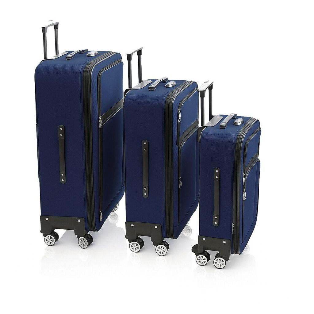 Three blue suitcases of varying sizes are displayed against a white background.