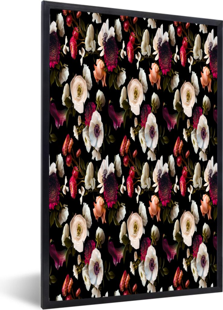 MuchoWow MuchoWow Gerahmtes Poster Blumen - Anemone - Collage - Farbe 60x90 cm - Poster mit zchwarzem Bilderrahmen - Kunst