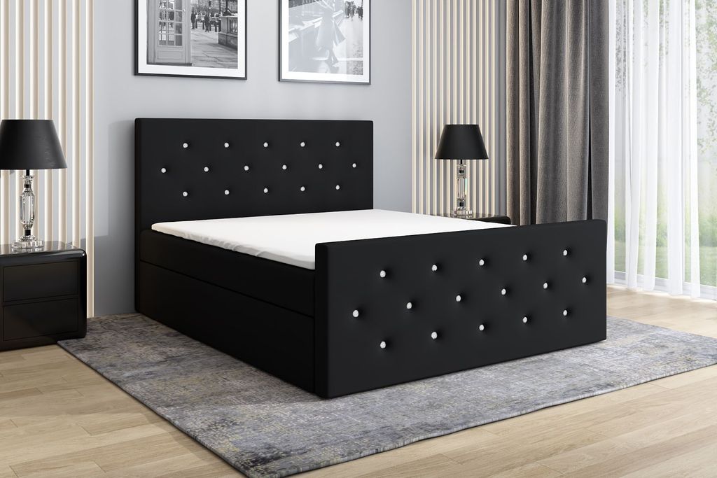 Boxspringbett REINN 180 x 200 mit 2 Bettkästen, Bonell-Matratze und Topper. Farbe: Schwarz