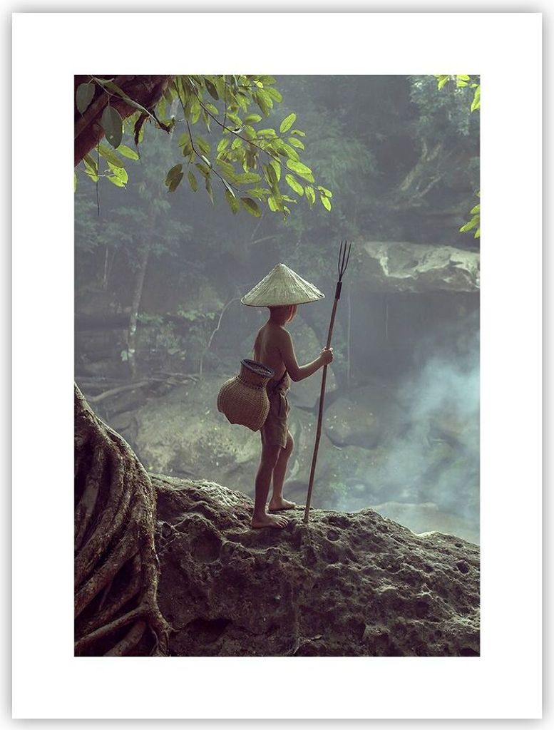 Poster - Poster ohne Rahmen - Asien Junge Wasserfall - 30x40 cm - Wand Bild - Wanddeko - Wandbilder - Kunstposter - Wandposter - Bilder - Kunstdruc...