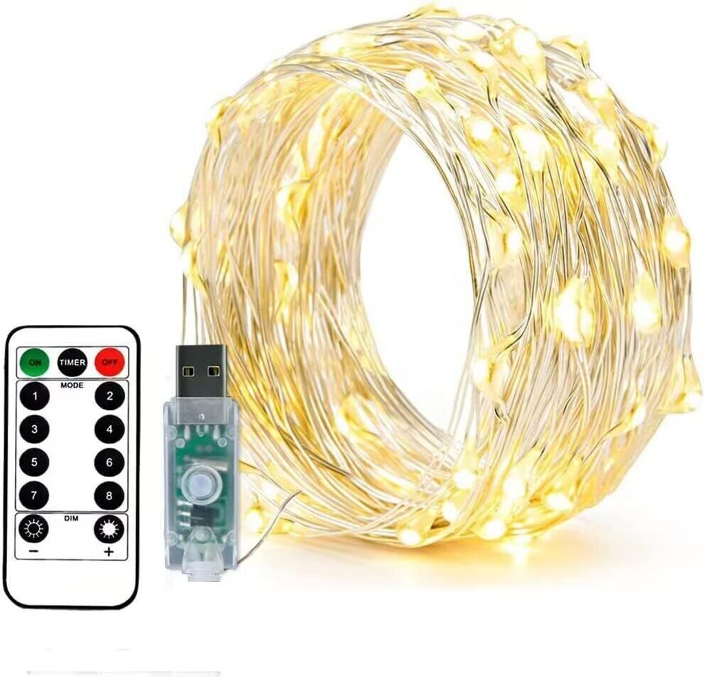 2x 100er LED Lichterkette 10 M Silberdraht – USB-Betrieb, Fernbedienung, Timer (6h An/18h Aus), 8 Programme, Dimmbar, Warmweiß, Wasserdicht