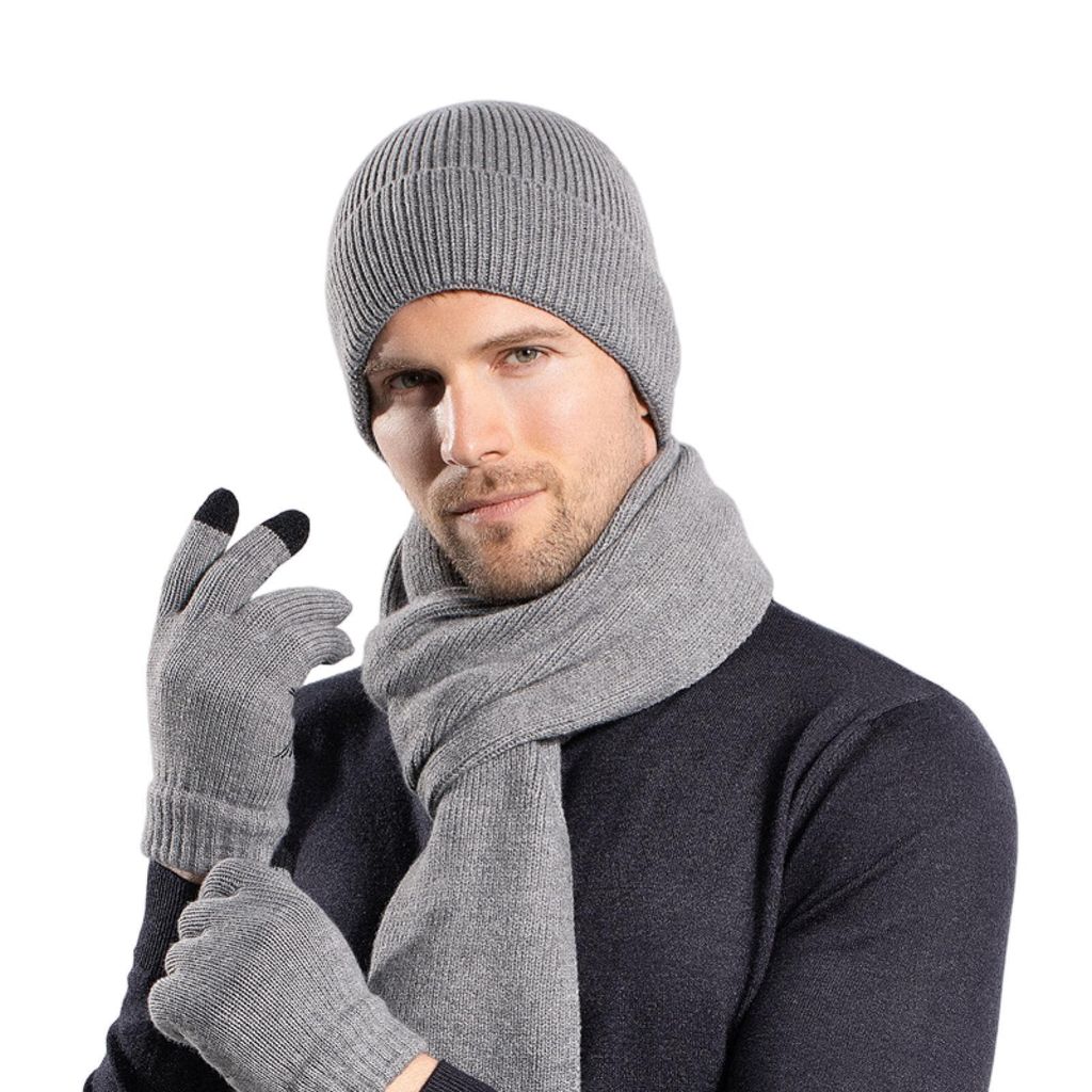 3-teiliges Set mit Beanie-Mütze und langem Schal für den Winter, Touchscreen-Handschuhe, einfarbig, warm, Strickschal, Fäustlinge, Säumen, Müt...