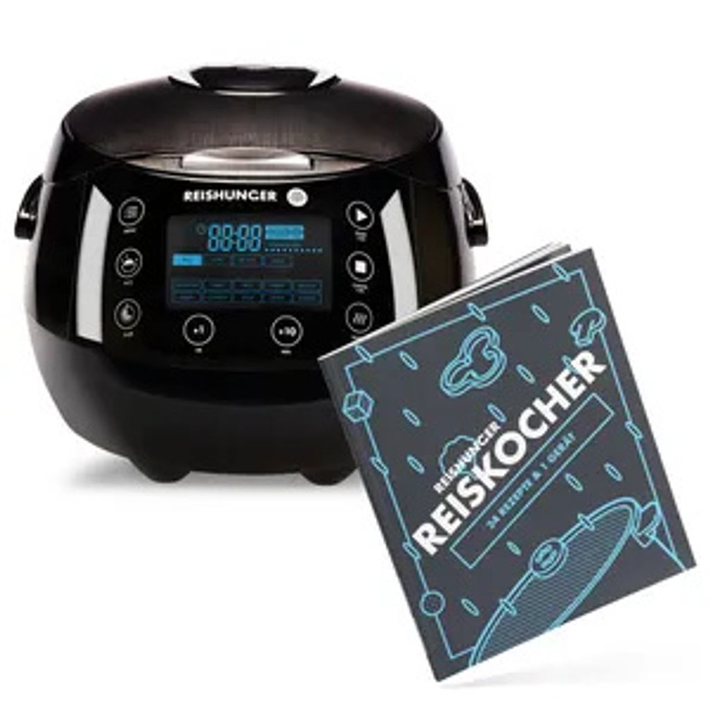 A black digital rice cooker and a recipe book are displayed on a white background.