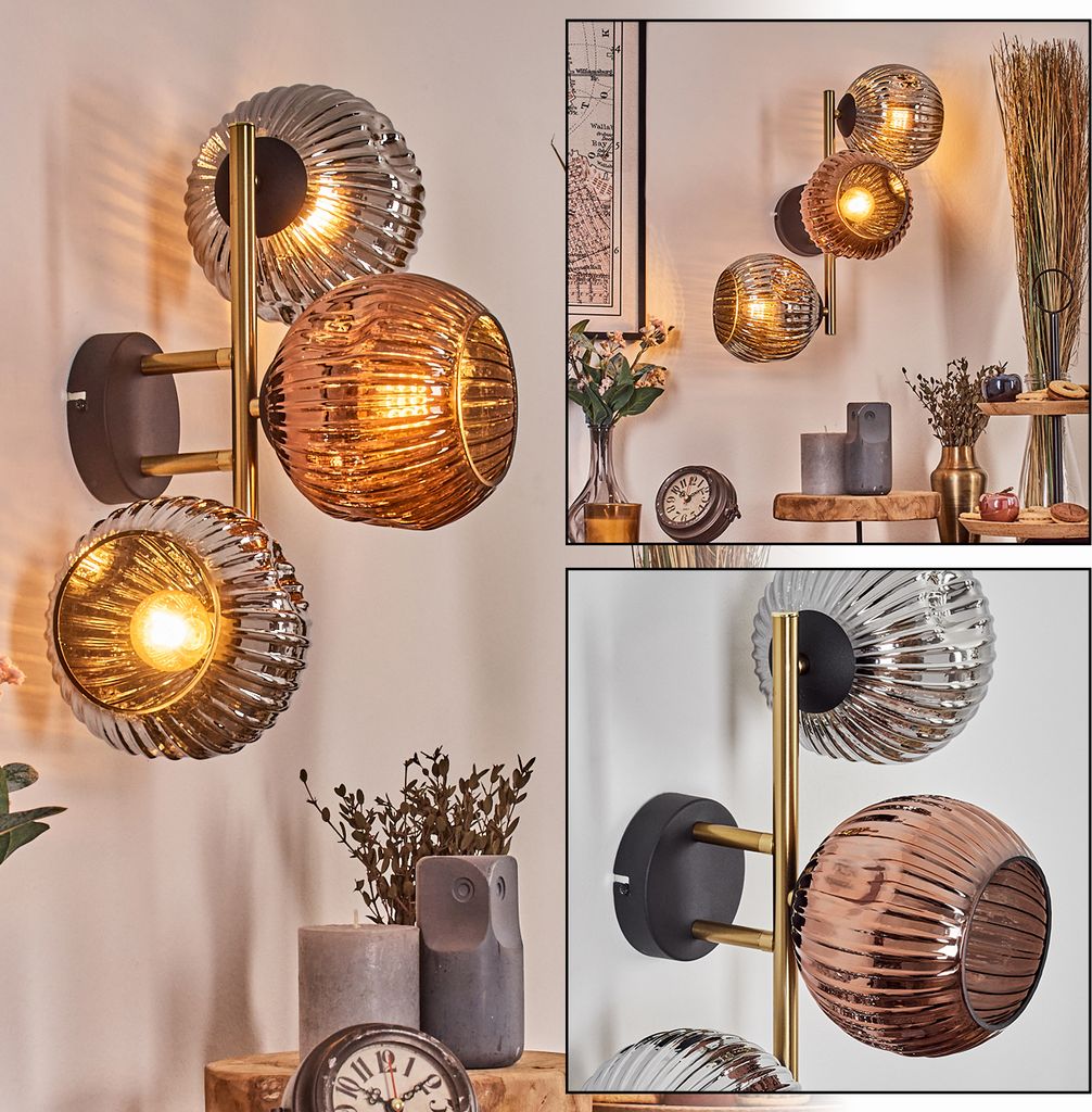 Villamare Wandlampe aus Metall/Riffelglas in Schwarz/Gold/Chrom/Rauch/Kupfer