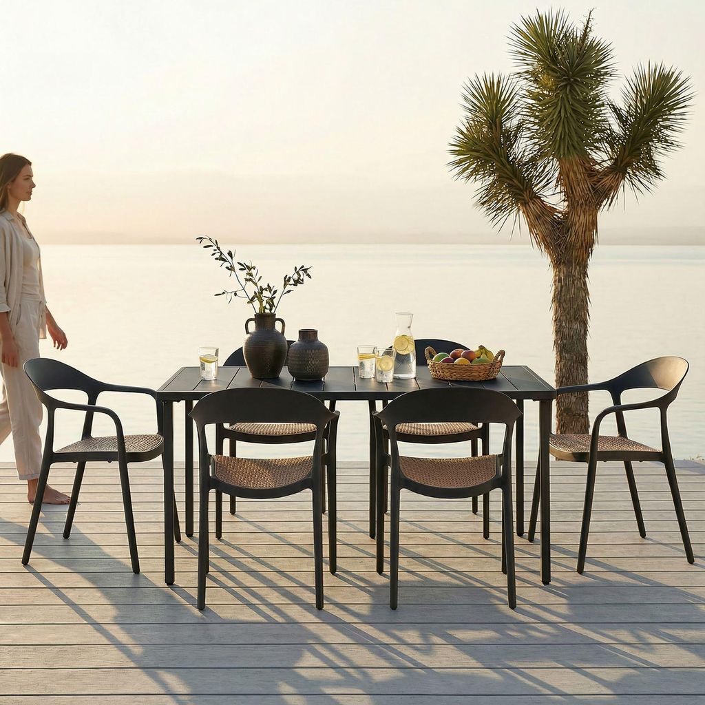 Gartenmöbel Set LAVANDA 1 Tisch & 6 Stühle, schwarz - Outdoor Sitzgruppe wetterfest UV-beständig, Tisch aus Aluminium, Stühle aus Polyrattan & ...