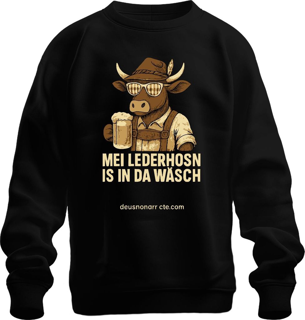 Mei Lederhosn is in da Wäsch mal wieda Bier Kuh Alpen Uni Sweatshirt Pullover, Schwarz, XL