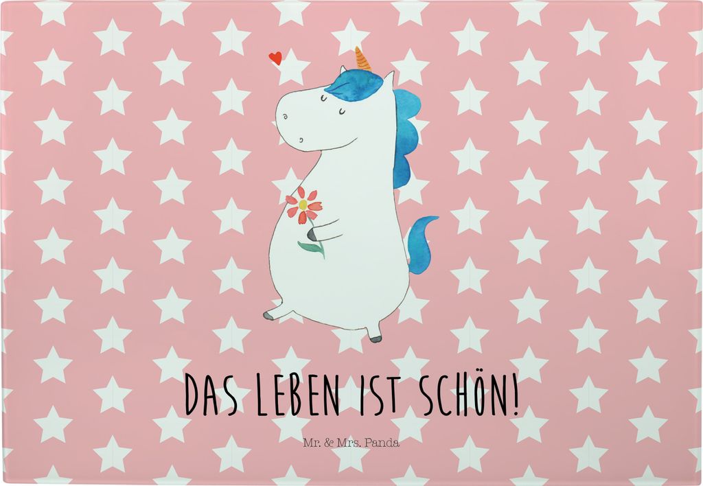 Mr. & Mrs. Panda Frühstücksbrett Einhorn Spaziergang - Rot Pastell - Geschenk, Freundin, Unicorn, Hackbrett, Blumen, Glas Schneideplatte, Glitzer...