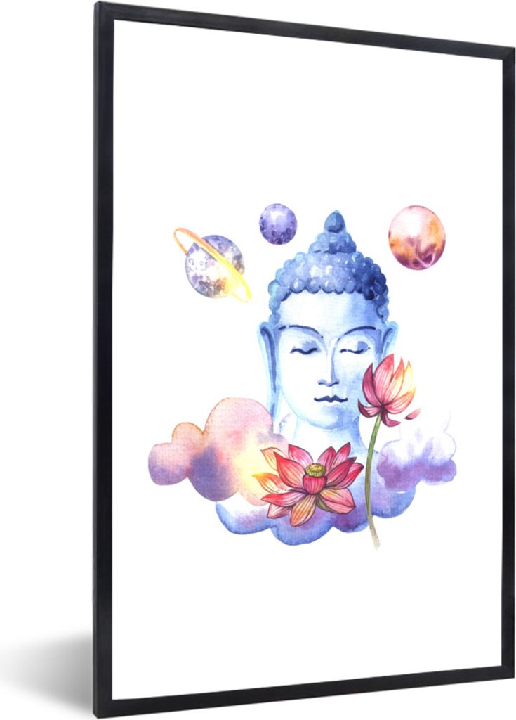 MuchoWow MuchoWow Gerahmtes Poster Buddha - Gesicht - Blau 20x30 cm - Poster mit zchwarzem Bilderrahmen - Drucken - Bilder Poster im Rahmen