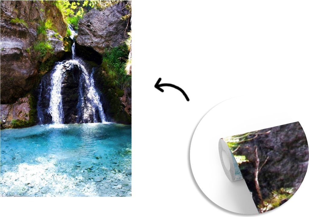 MuchoWow Fototapete für Wohnzimmer oder Schlafzimmer Wandtapete Vinyl Motivtapete Ein Wasserfall am Berg Olympus - 190x280 cm - Küche