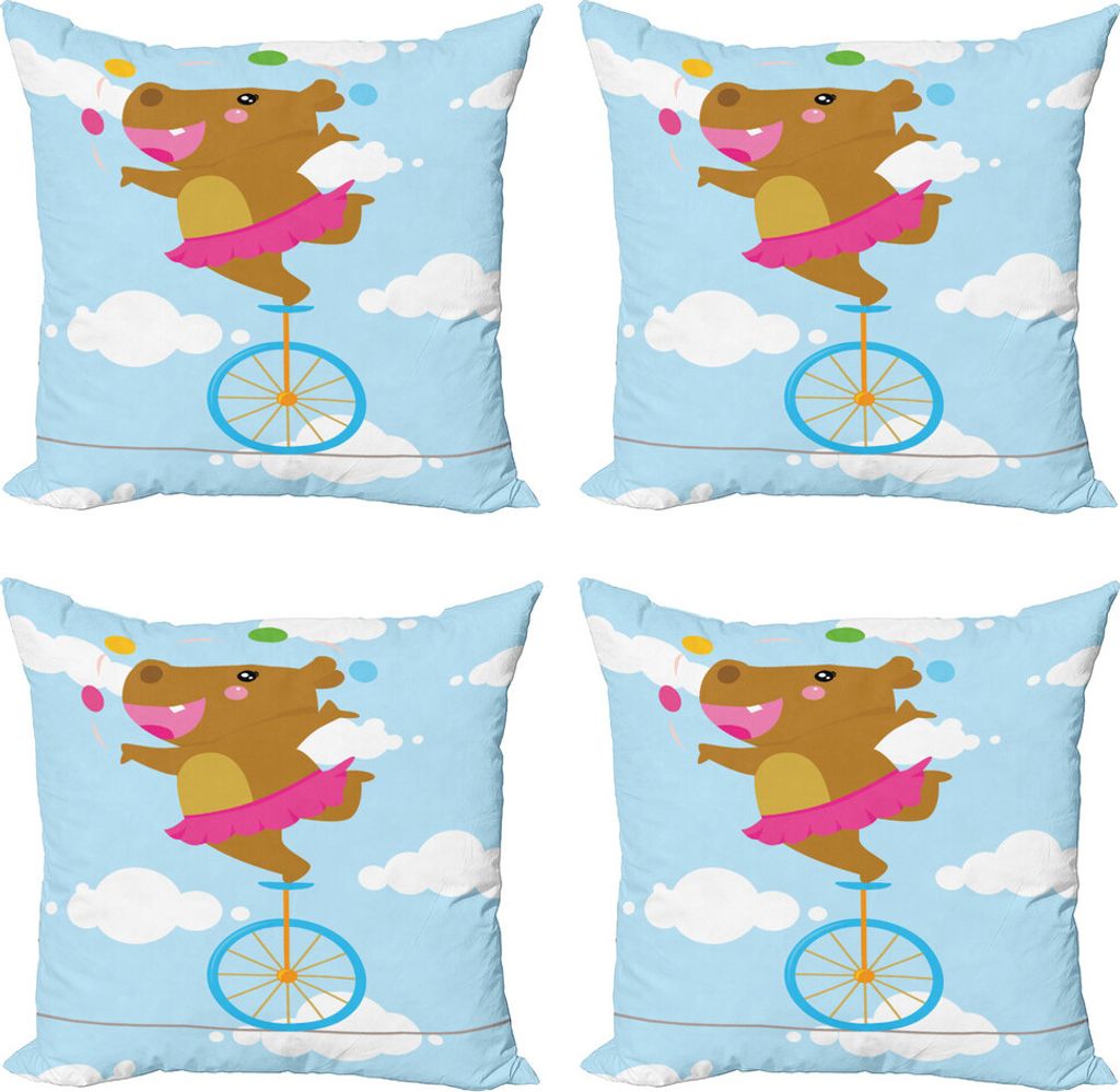 ABAKUHAUS Zirkus Kissenbezug Set (4 Stück), Balerina Juggler Hippo, Moderner Doppelseitiger Digitaldruck, 45 cm x 45 cm, Mehrfarbig