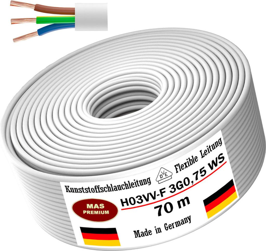 70m Kunststoffschlauchleitung H03VV-F 3G0,75 Weiß Flexible Leitung Gerätekabel
