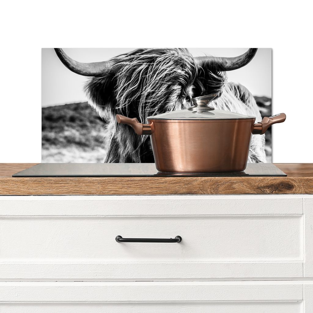 KitchenYeah Spritzschutz Küche - Küchenrückwand - Wandschutz für Herd und Spüle - Kuh - Schottisches Hochlandrind - Schwarz - Weiß - Tier -...