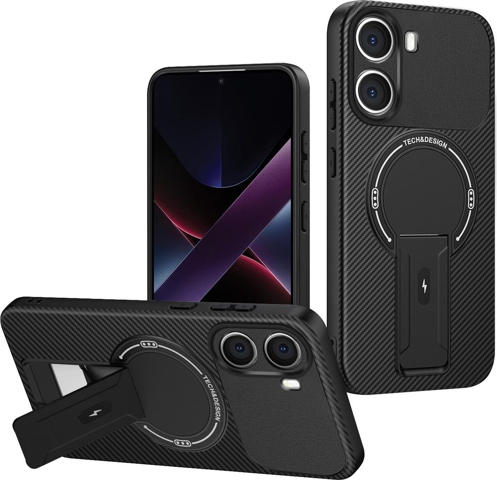 Hülle für Xiaomi Poco X7 Pro Magnetisch Carbonfaser Design TPU Hybrid Handyhülle mit Ständer Schwarz