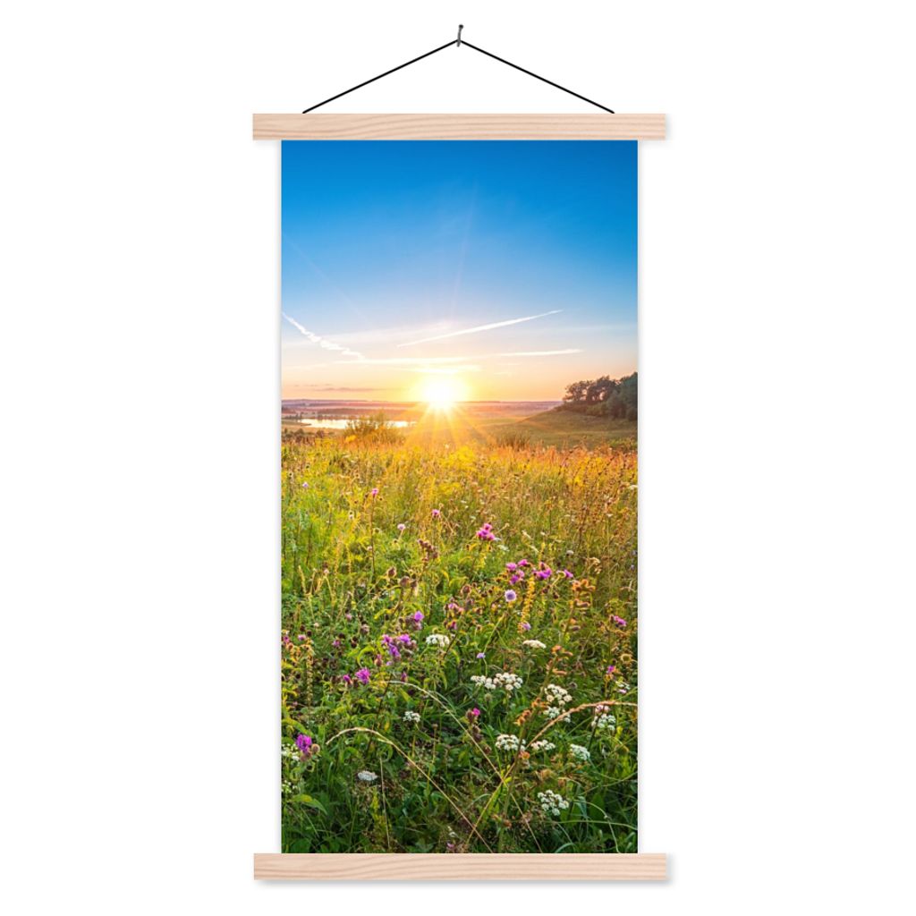 MuchoWow Textilposter Sonne - Gras - Blumen 40x80 cm mit holzfarbenen Rahmen - Wohnzimmer