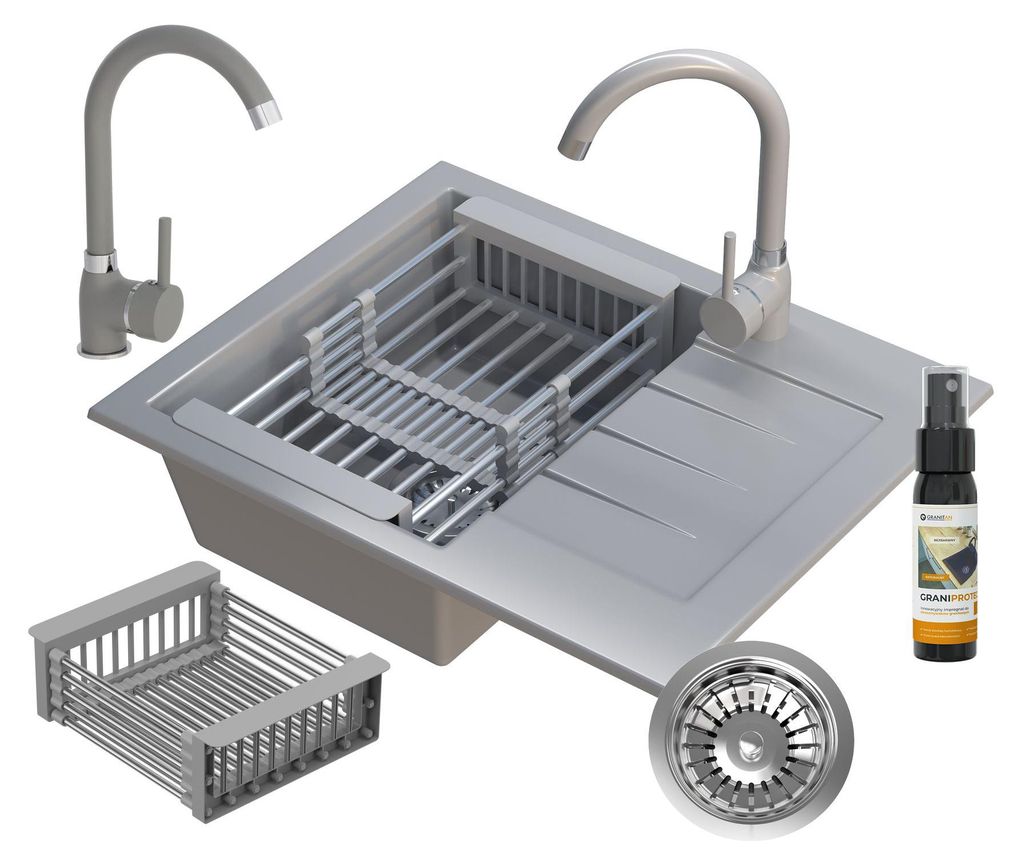 Granitan | Granitspüle - MILANO - mit Armatur - mit Siphon - mit Korbventil - mit Abtropffläche - 1-Becken - Grau - 57.4 x 46.4 cm - moderne Küc...
