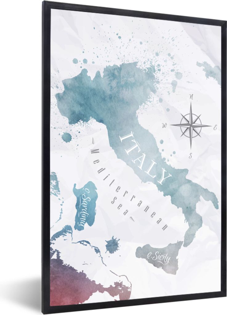 MuchoWow MuchoWow Gerahmtes Poster Weltkarten - Farbe - Italien 20x30 cm - Poster mit zchwarzem Bilderrahmen - Drucken - Bilder Poster im Rahmen